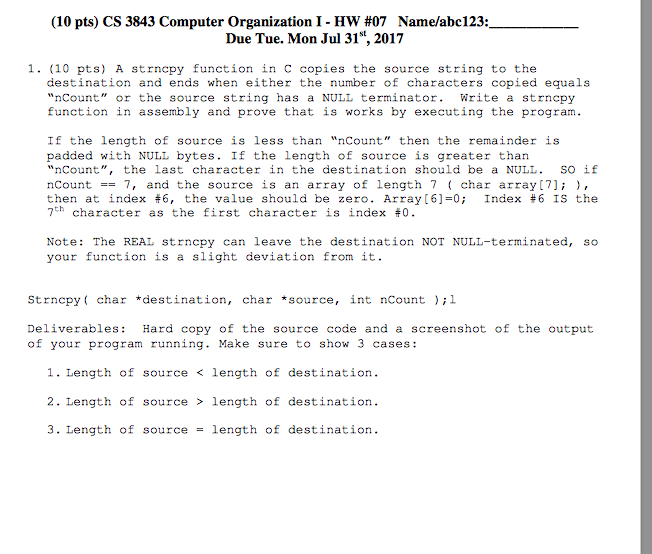 (10 pts) CS 3843 Computer Organization I - HW #07 Name/abc123: Due