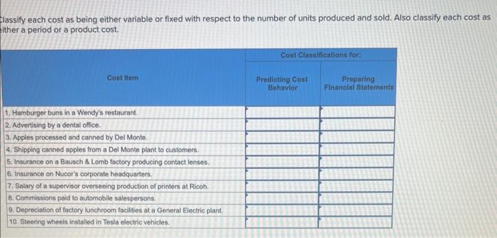 Classify each cost as being either variable or fixed with respect to