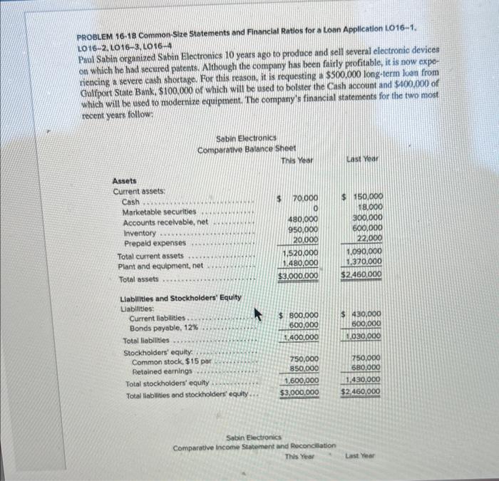 PROBLEM 16-18 Common-Size Statements and Financial Ratios for a Loan Application LO16-1.