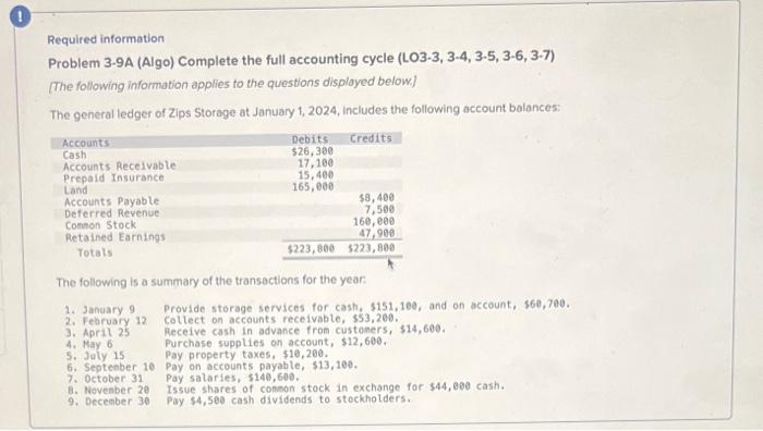 Required information Problem 3-9A (Algo) Complete the full accounting cycle (LO3-3, 3-4,