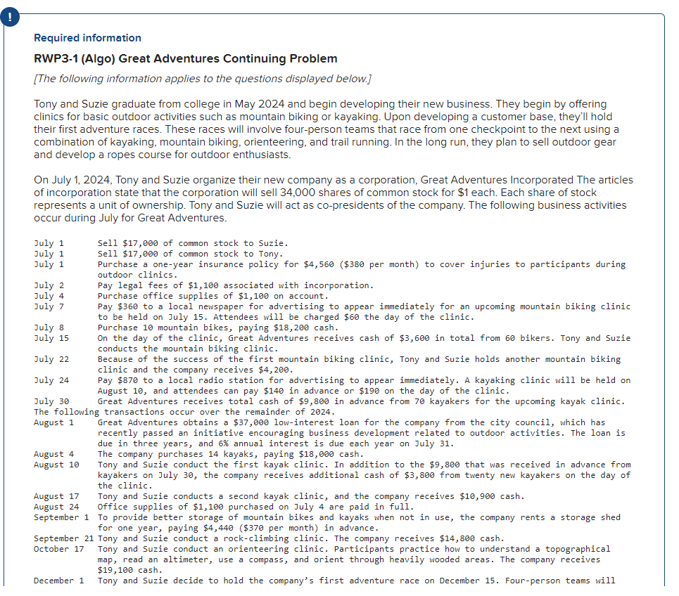 ! Required information RWP3-1 (Algo) Great Adventures Continuing Problem [The following information