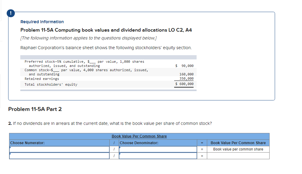 ! Required Information Problem 11-5A Computing book values and dividend allocations LO