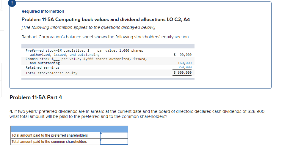 Required Information Problem 11-5A Computing book values and dividend allocations LO C2,