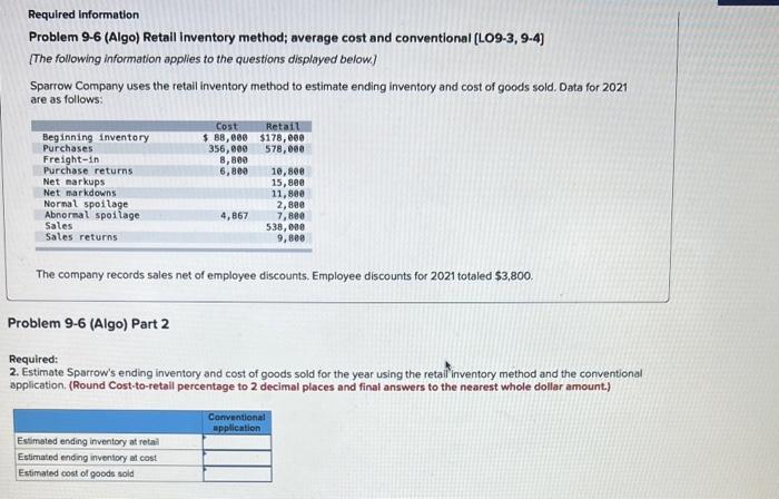 Required Information Problem 9-6 (Algo) Retail Inventory method; average cost and conventional