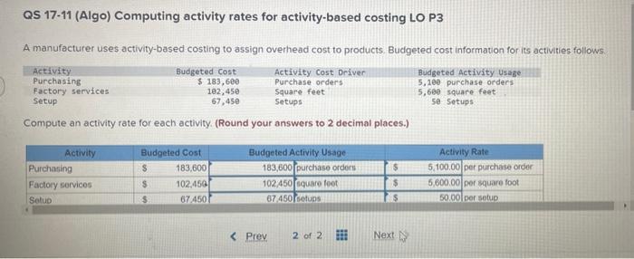 QS 17-11 (Algo) Computing activity rates for activity-based costing LO P3 A
