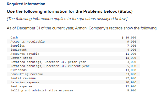 Required Information Use the following information for the Problems below. (Static) [The