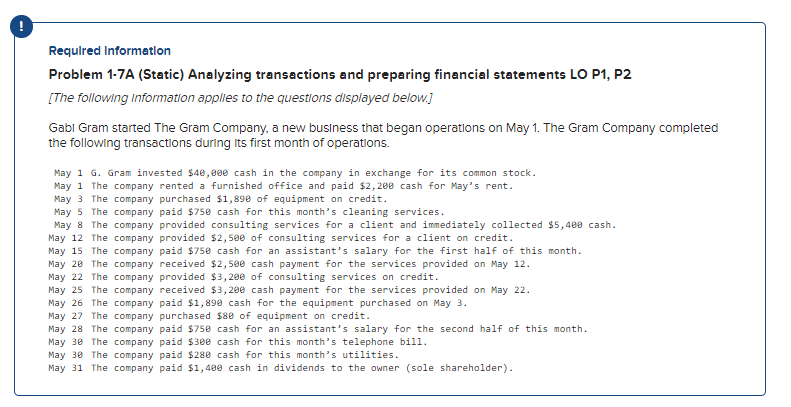 Required Information Problem 1-7A (Static) Analyzing transactions and preparing financial statements LO