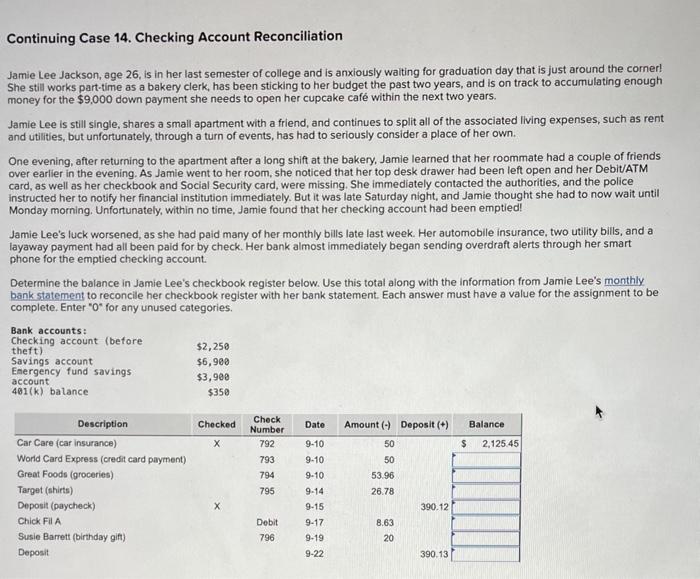 Continuing Case 14. Checking Account Reconciliation Jamie Lee Jackson, age 26, is