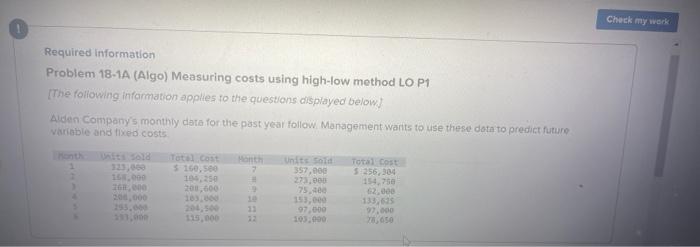 Required information Problem 18-1A (Algo) Measuring costs using high-low method LO P1
