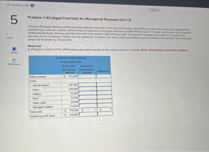 Ch 1 Grading HW Seve 5 7 points eBook Problem 1-42 (Algo)