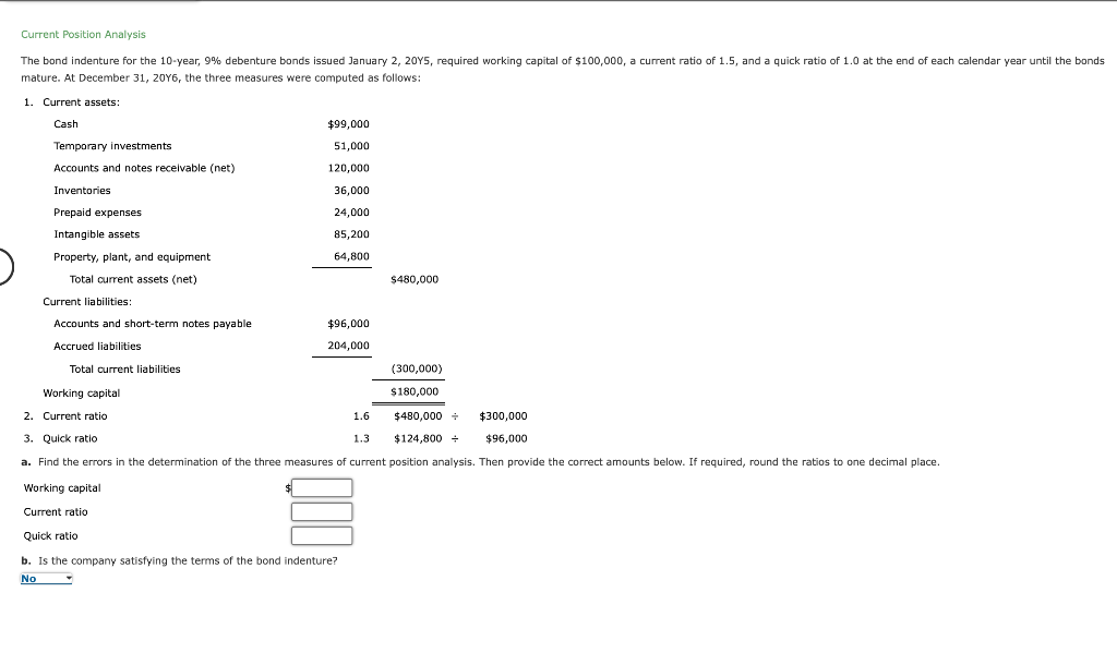 Current Position Analysis The bond indenture for the 10-year, 9% debenture bonds