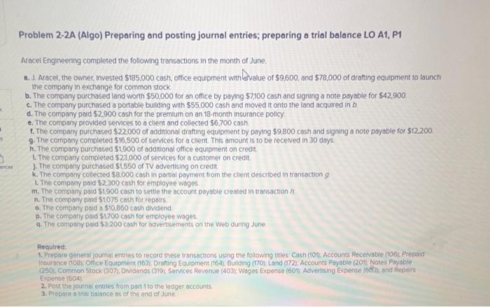 8 . ences Problem 2-2A (Algo) Preparing and posting journal entries; preparing
