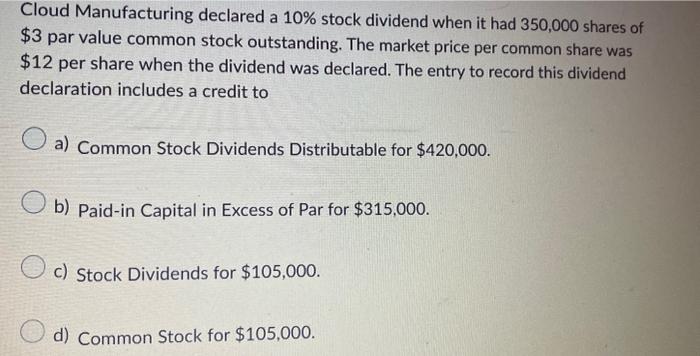 Cloud Manufacturing declared a 10% stock dividend when it had 350,000 shares
