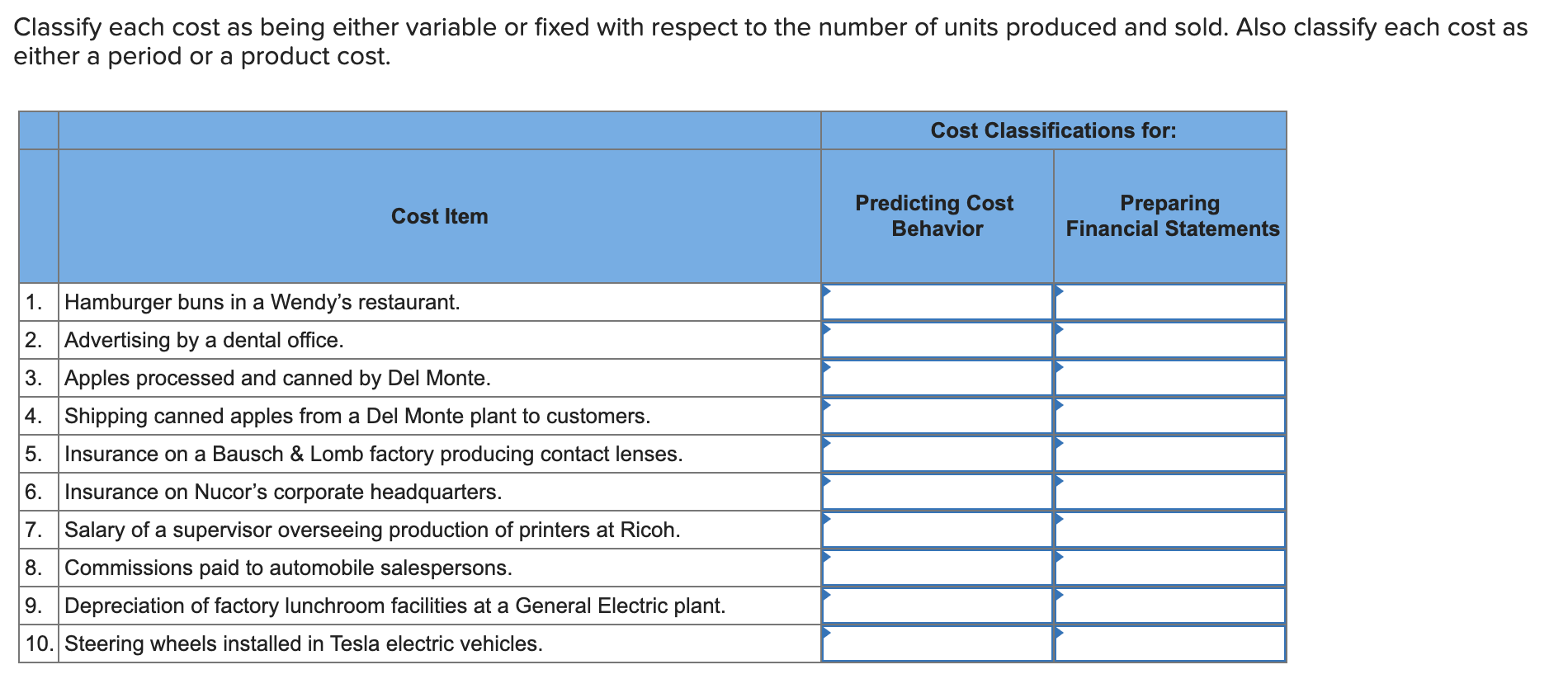 Classify each cost as being either variable or fixed with respect to