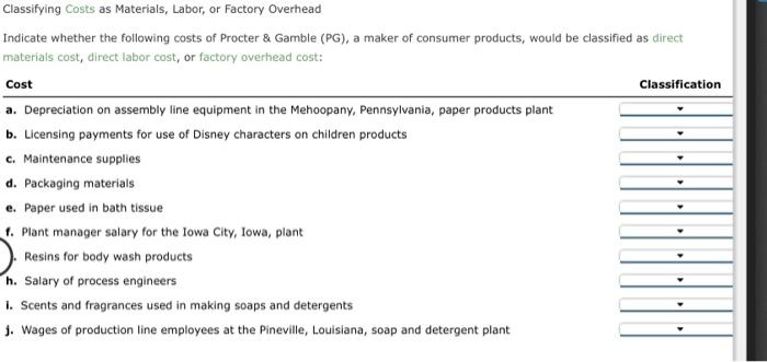 Classifying Costs as Materials, Labor, or Factory Overhead Indicate whether the following
