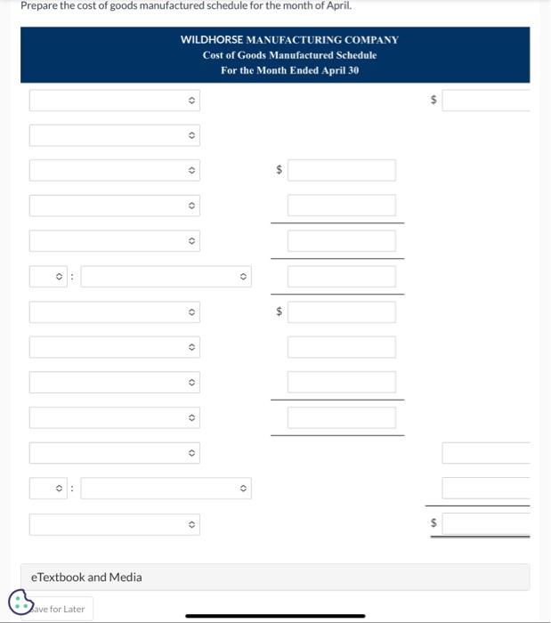Company. April 1 April 30 Raw materials inventory $10,900 $14,000 Work in