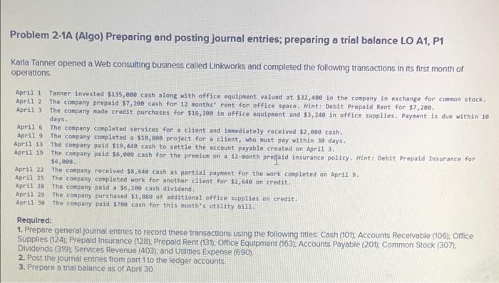 Problem 2-1A (Algo) Preparing and posting journal entries; preparing a trial balance