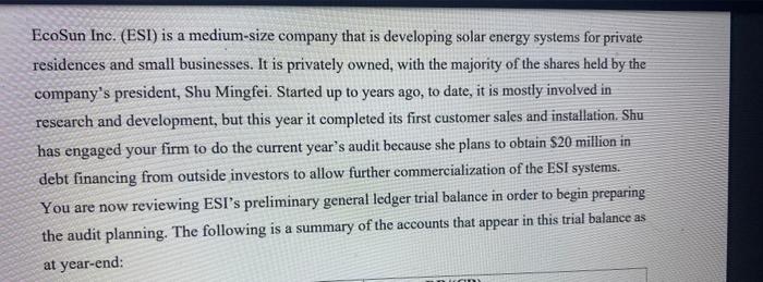 EcoSun Inc. (ESI) is a medium-size company that is developing solar energy