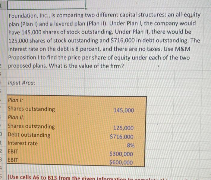 Foundation, Inc., is comparing two different capital structures: an all-equity plan (Plan