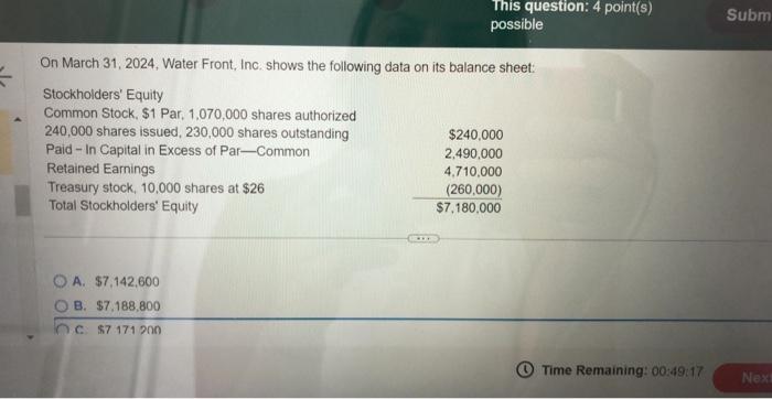 This question: 4 point(s) possible Subm On March 31, 2024, Water Front,