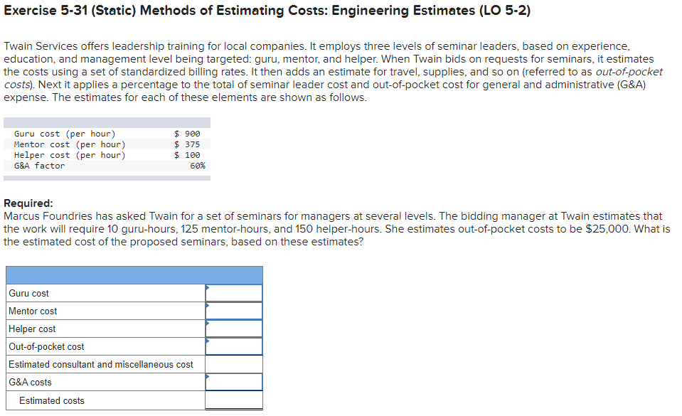 Exercise 5-31 (Static) Methods of Estimating Costs: Engineering Estimates (LO 5-2) Twain