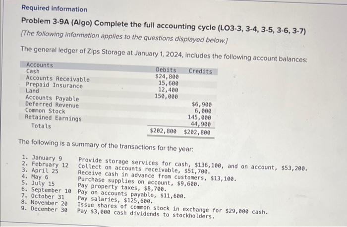 Required information Problem 3-9A (Algo) Complete the full accounting cycle (LO3-3, 3-4,
