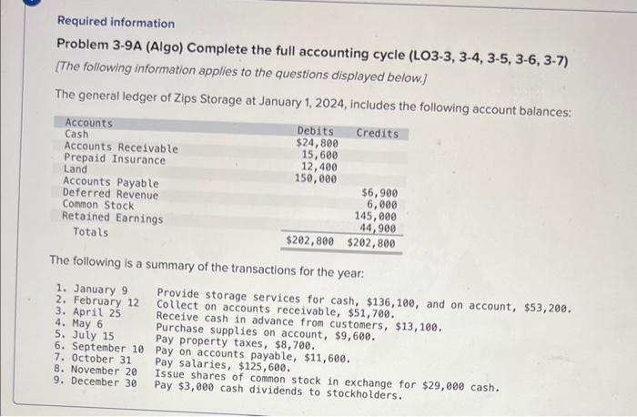 Required information Problem 3-9A (Algo) Complete the full accounting cycle (LO3-3, 3-4,