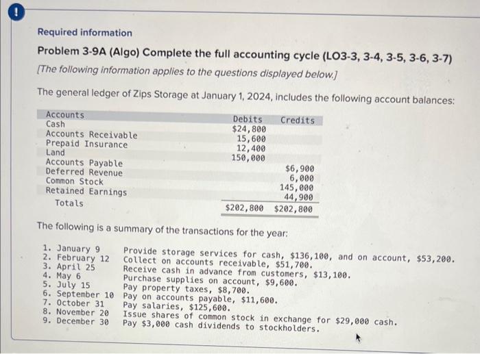 Required information Problem 3-9A (Algo) Complete the full accounting cycle (LO3-3, 3-4,