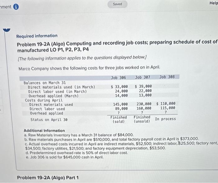 ment Saved Help Required information Problem 19-2A (Algo) Computing and recording job