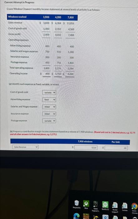 Current Attempt in Progress Crane Window Cleaners' monthly Income statement at several