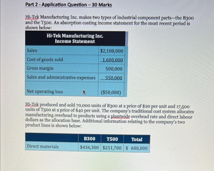 Part 2-Application Question-30 Marks Hi-Tek Manufacturing Inc. makes two types of industrial