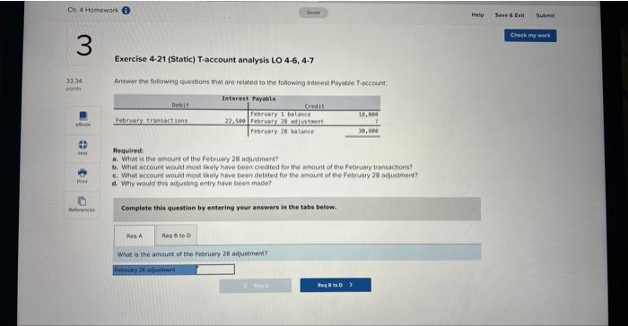 Ch. 4 Homework 3 33.34 points Sev Exercise 4-21 (Static) T-account analysis