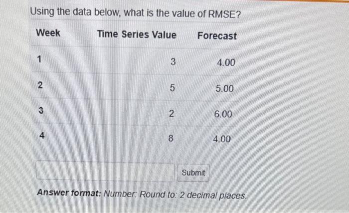 Using the data below, what is the value of RMSE? Week Time
