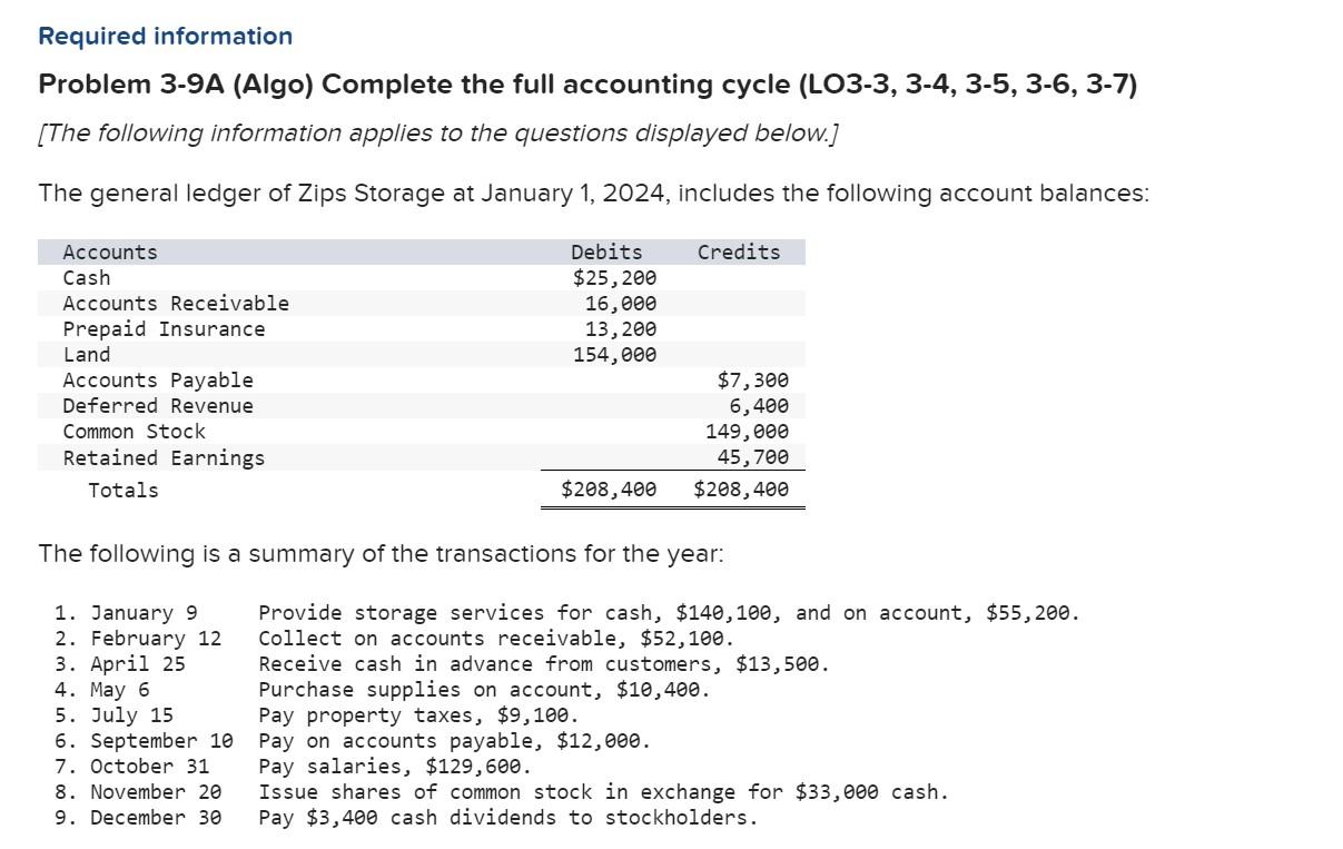 Required information Problem 3-9A (Algo) Complete the full accounting cycle (LO3-3, 3-4,