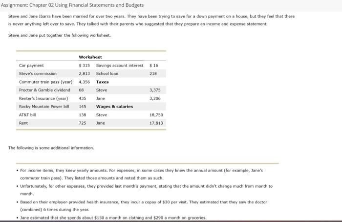 Assignment: Chapter 02 Using Financial Statements and Budgets Steve and Jane Ibarra