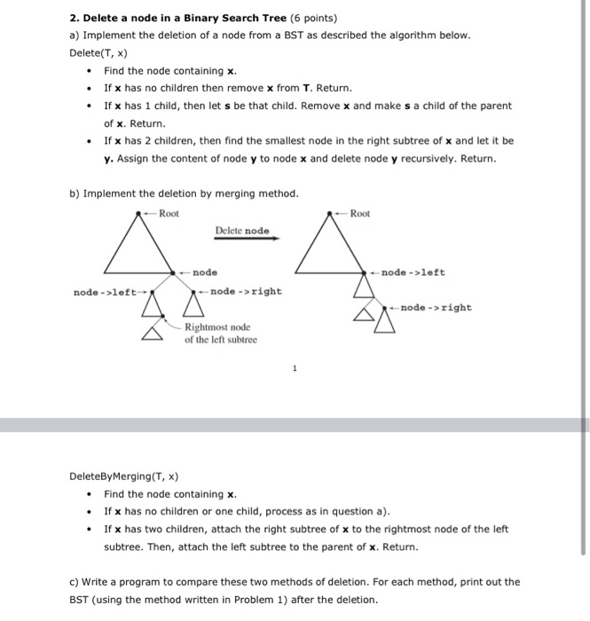 2. Delete a node in a Binary Search Tree (6 points) a)