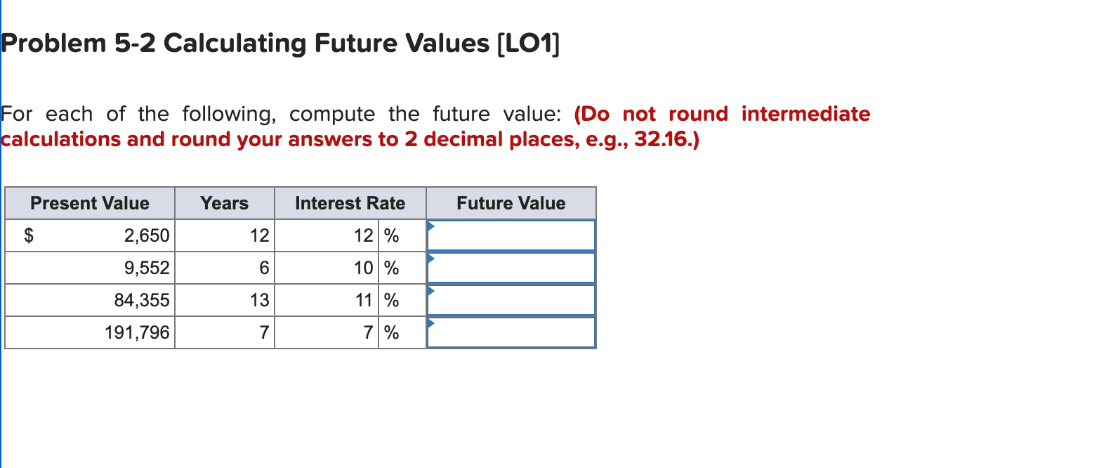 Problem 5-2 Calculating Future Values [LO1] For each of the following, compute