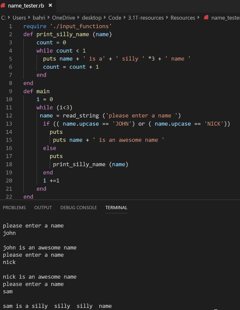 name_tester.rb x C: Users bahri OneDrive desktop Code > 3.1T-resources Resources require