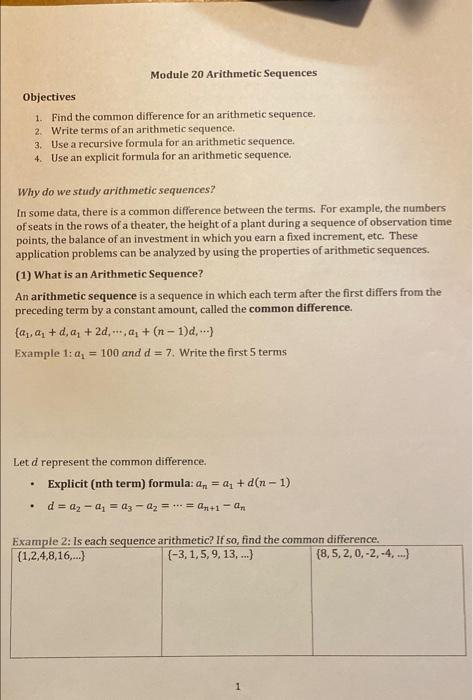Objectives Module 20 Arithmetic Sequences 1. Find the common difference for an