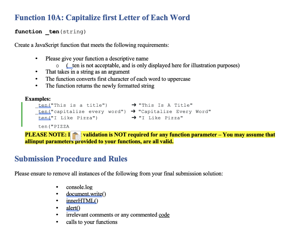 Function 10A: Capitalize first Letter of Each Word function _ten (string) Create