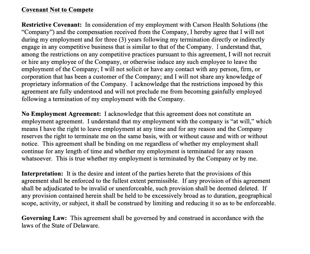 Covenant Not to Compete Restrictive Covenant: In consideration of my employment with