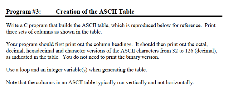 Program #3: Creation of the ASCII Table Write a C program that