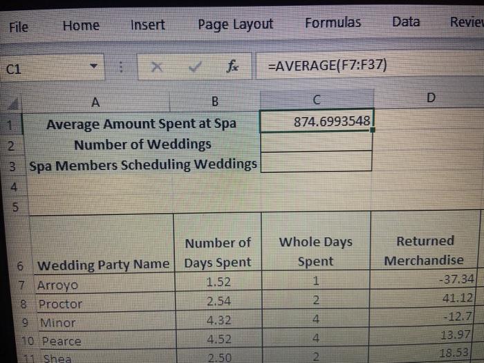 File Home Insert Page Layout Formulas Data Review C1 A fx =AVERAGE(F7:F37)