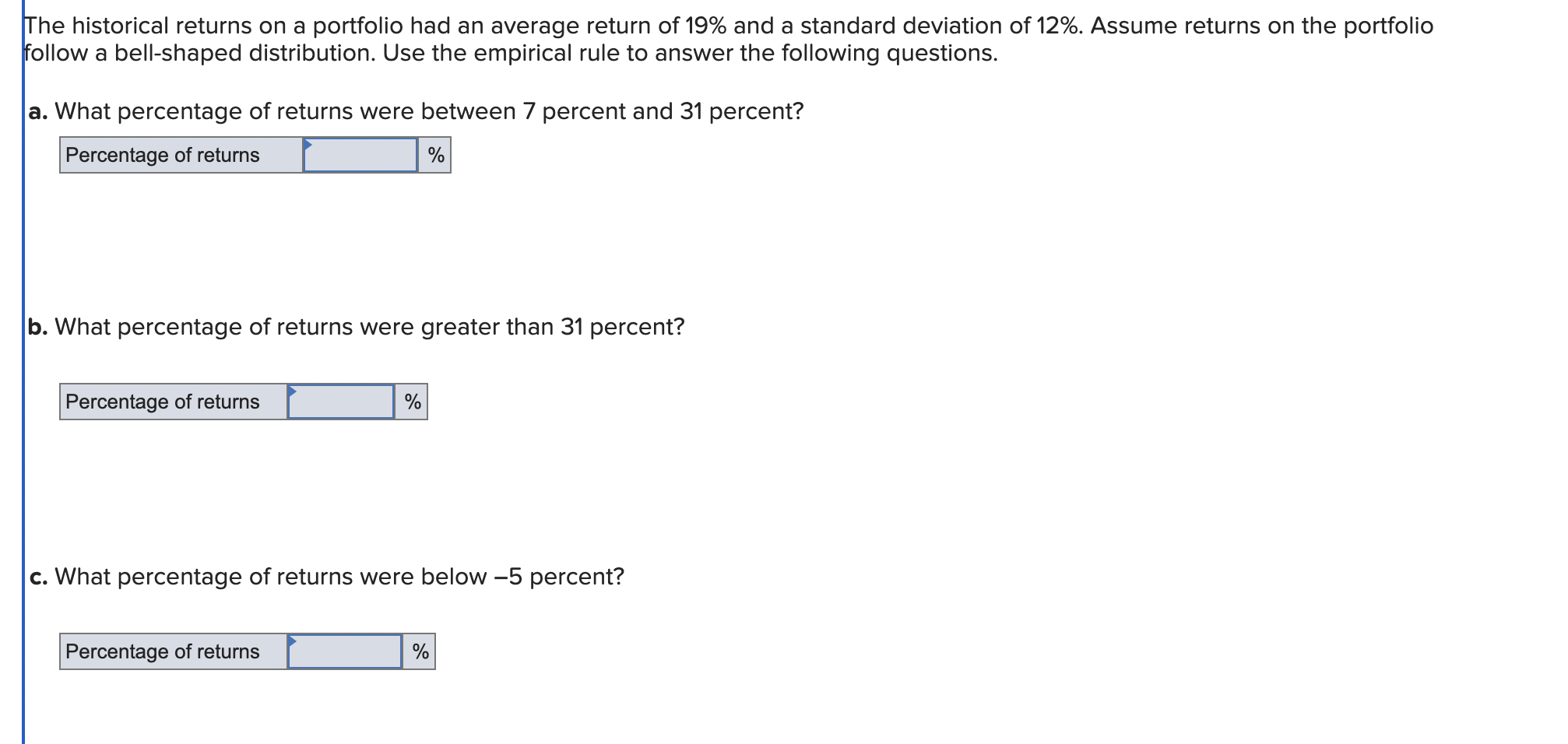 The historical returns on a portfolio had an average return of 19%