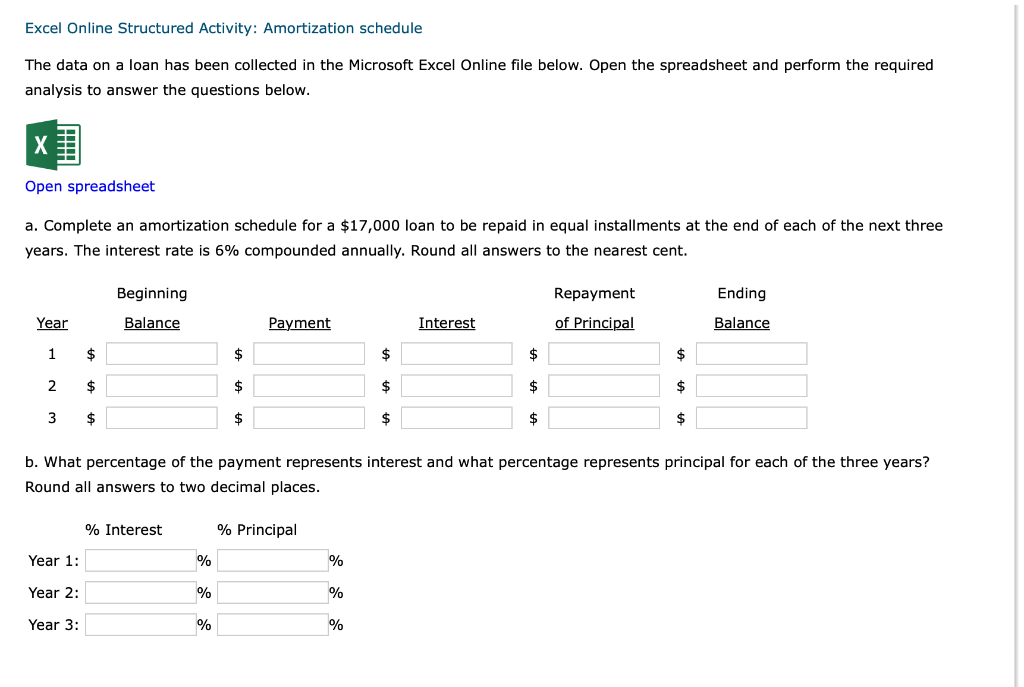 Excel Online Structured Activity: Amortization schedule The data on a loan has