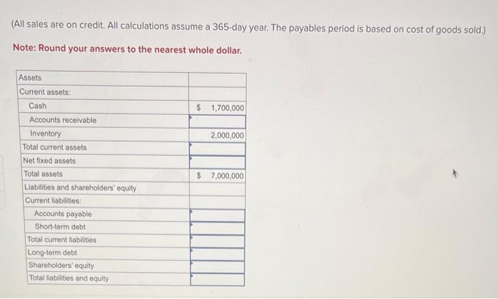 Days' sales in cash Current ratio Inventory turnover Liabilities to assets Payables