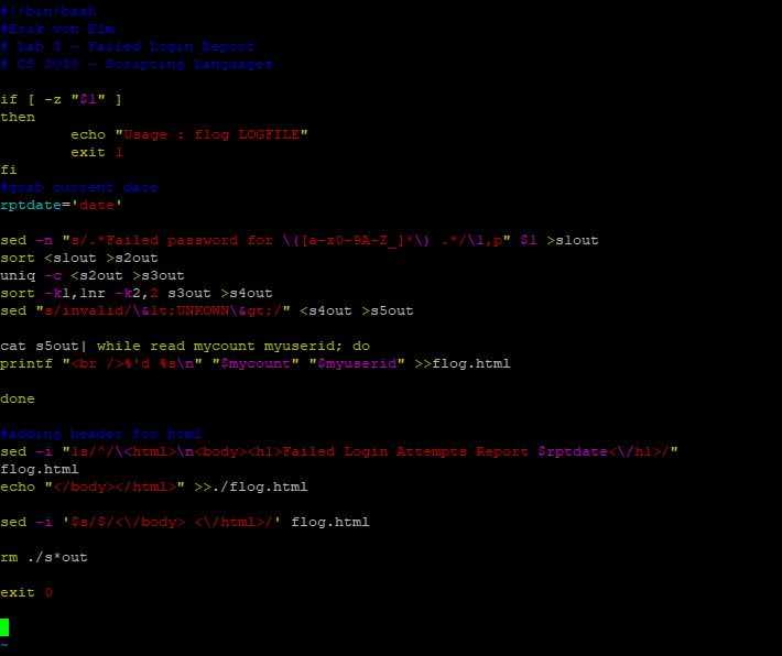 #!/bin/bash #Exik von Elm #Lab 3-Failed Login Report #CS 3030 - Scripting
