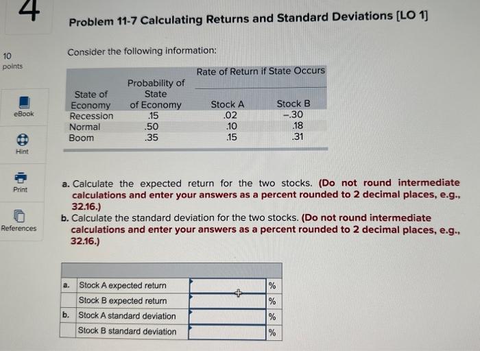 10 4 points eBook Hint Problem 11-7 Calculating Returns and Standard Deviations