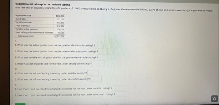 Production cost; absorption vs. variable costing In its first year of business,