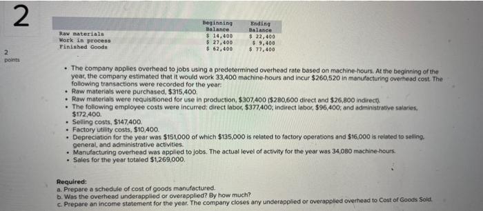 2 Raw materials Work in process Finished Goods 2 points Beginning Balance